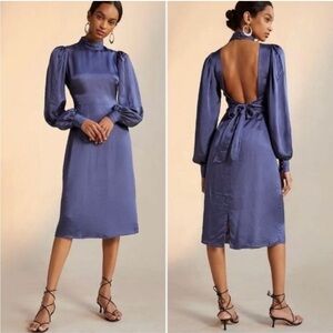 Anthropologie Hutch 6 Blue Open Back Satin Midi
Dress Mock Neck Puff Sleeves